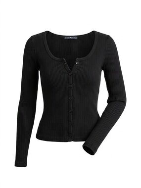 Brandy Melville Black Cotton Ribbed Knit V Neck Button Up Cardigan Sweater O/S